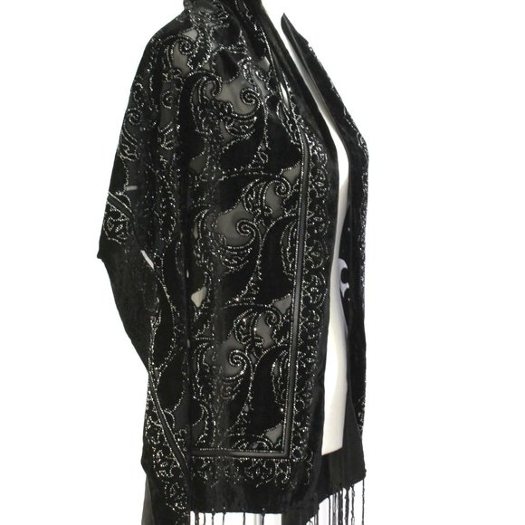Black Silk Burnout Velvet Long Shawl Wrap Scarf - Picture 2 of 5